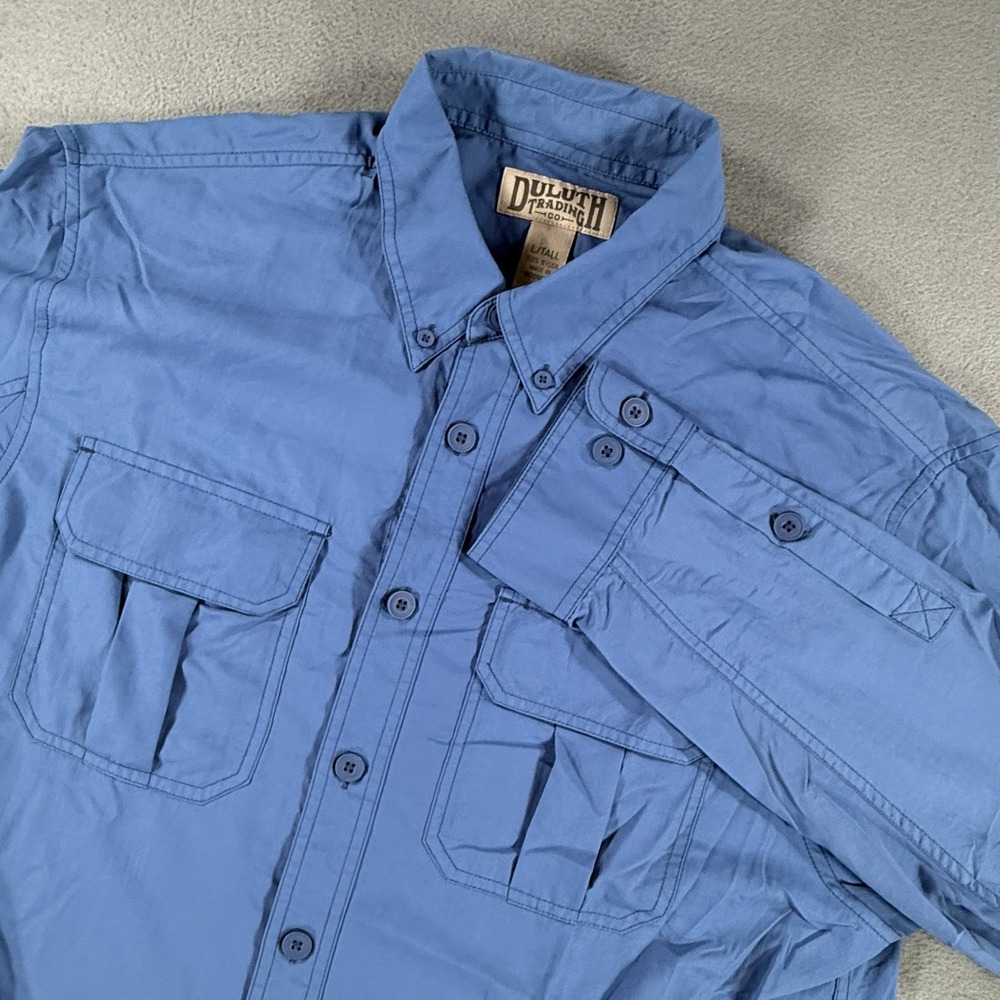 Duluth Trading Men Large Tall Blue Button Up Pockets Fishing Long Sleeve